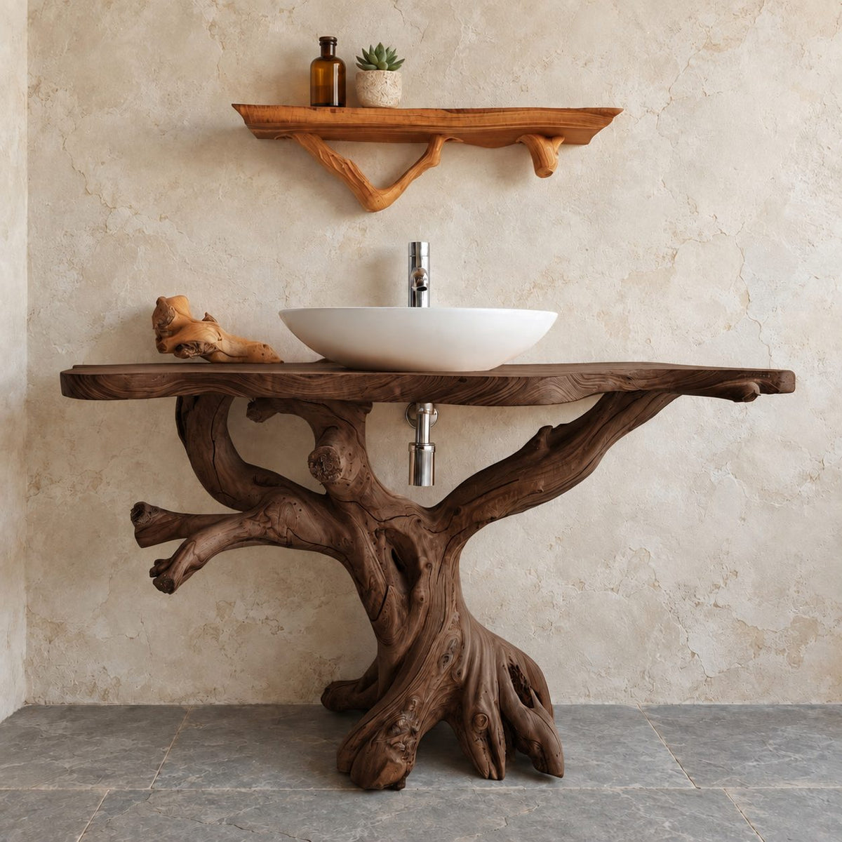 Gnarled Driftwood Bathroom Vanity 30-80 Inch, Knotty Branch Arms on a Root Foot with Live Edge Top