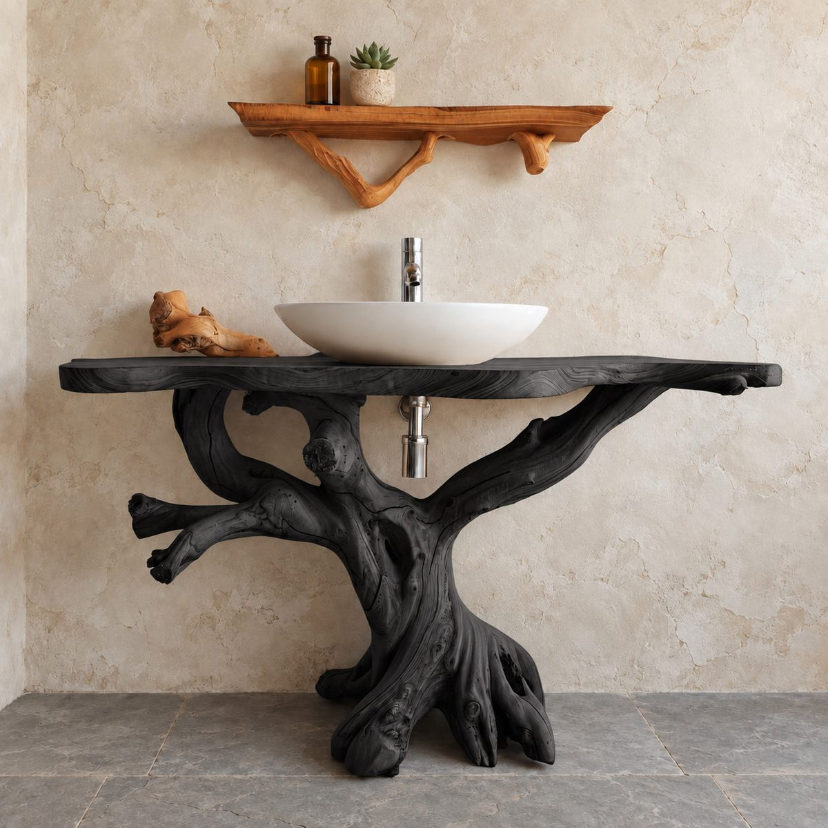 Gnarled Driftwood Bathroom Vanity 30-80 Inch, Knotty Branch Arms on a Root Foot with Live Edge Top
