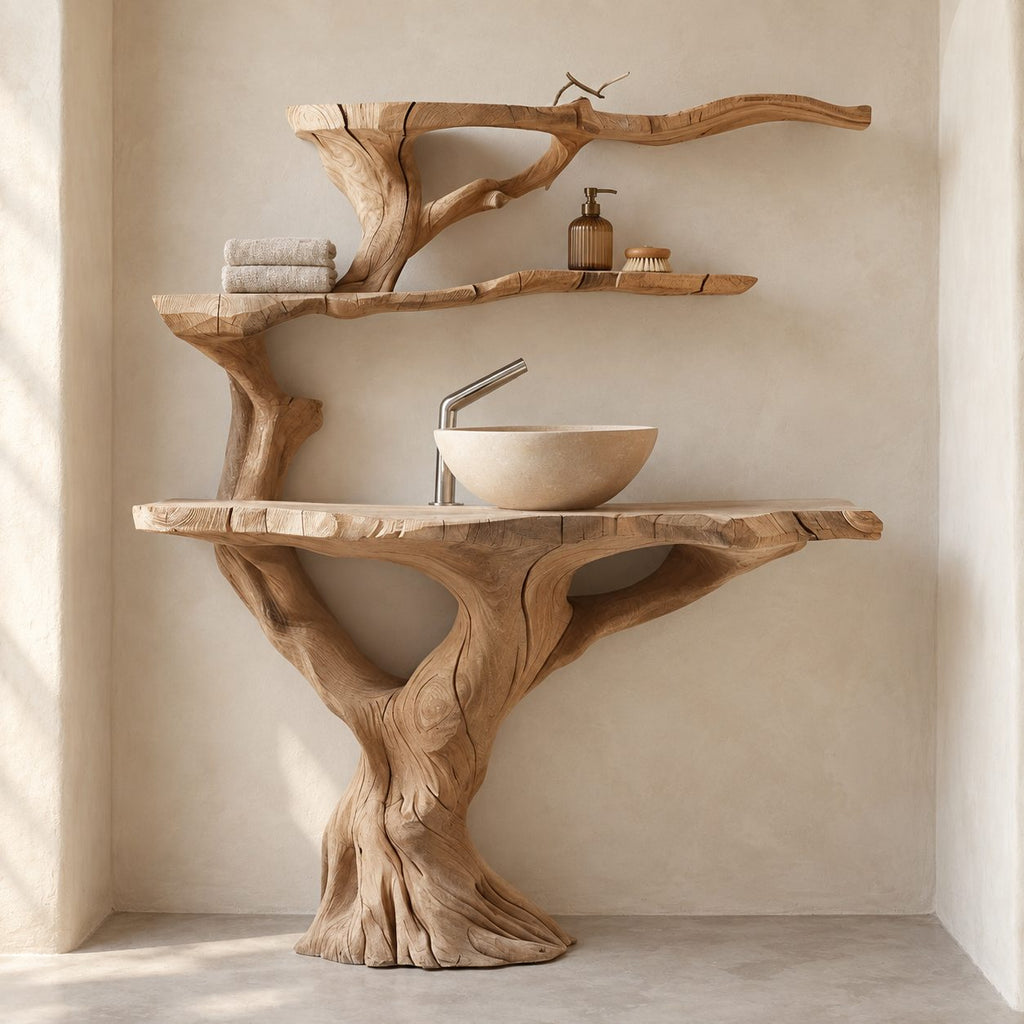 Tiered Tree Bathroom Vanity 30-80 Inch, Trunk Rising Into Upper Branch Shelves Above a Live Edge Top