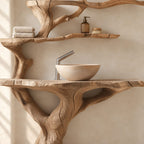 Tiered Tree Bathroom Vanity 30-80 Inch, Trunk Rising Into Upper Branch Shelves Above a Live Edge Top