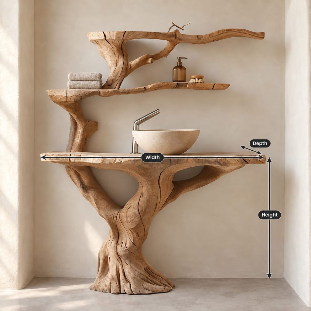 Tiered Tree Bathroom Vanity 30-80 Inch, Trunk Rising Into Upper Branch Shelves Above a Live Edge Top