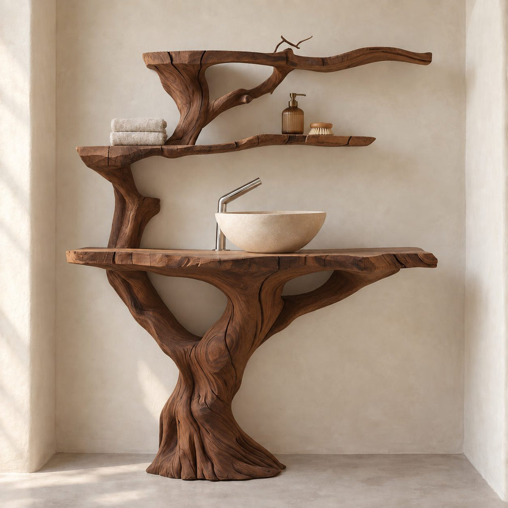 Tiered Tree Bathroom Vanity 30-80 Inch, Trunk Rising Into Upper Branch Shelves Above a Live Edge Top