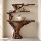 Tiered Tree Bathroom Vanity 30-80 Inch, Trunk Rising Into Upper Branch Shelves Above a Live Edge Top