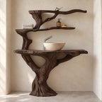 Tiered Tree Bathroom Vanity 30-80 Inch, Trunk Rising Into Upper Branch Shelves Above a Live Edge Top