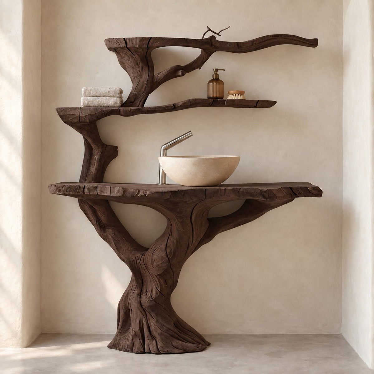 Tiered Tree Bathroom Vanity 30-80 Inch, Trunk Rising Into Upper Branch Shelves Above a Live Edge Top