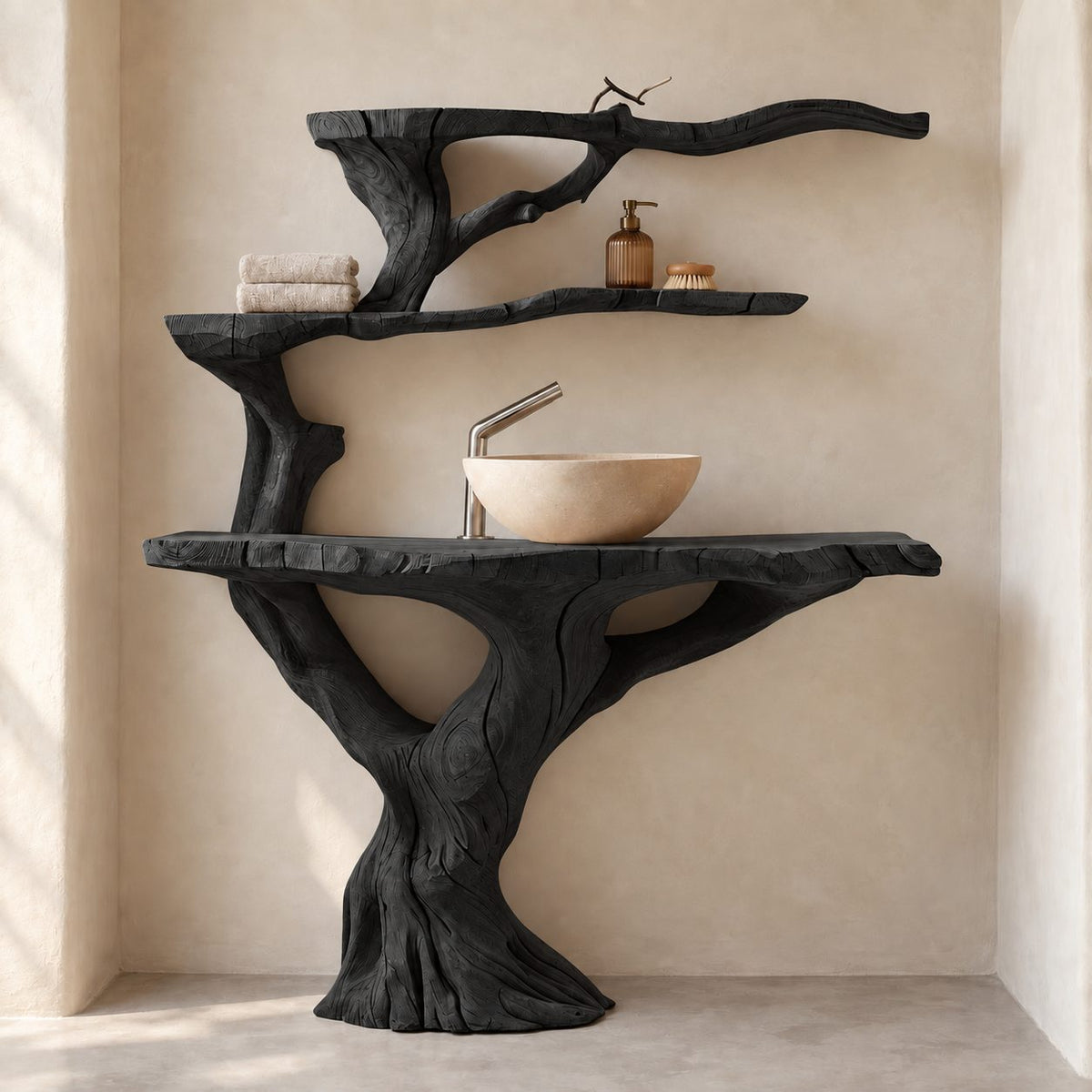 Tiered Tree Bathroom Vanity 30-80 Inch, Trunk Rising Into Upper Branch Shelves Above a Live Edge Top