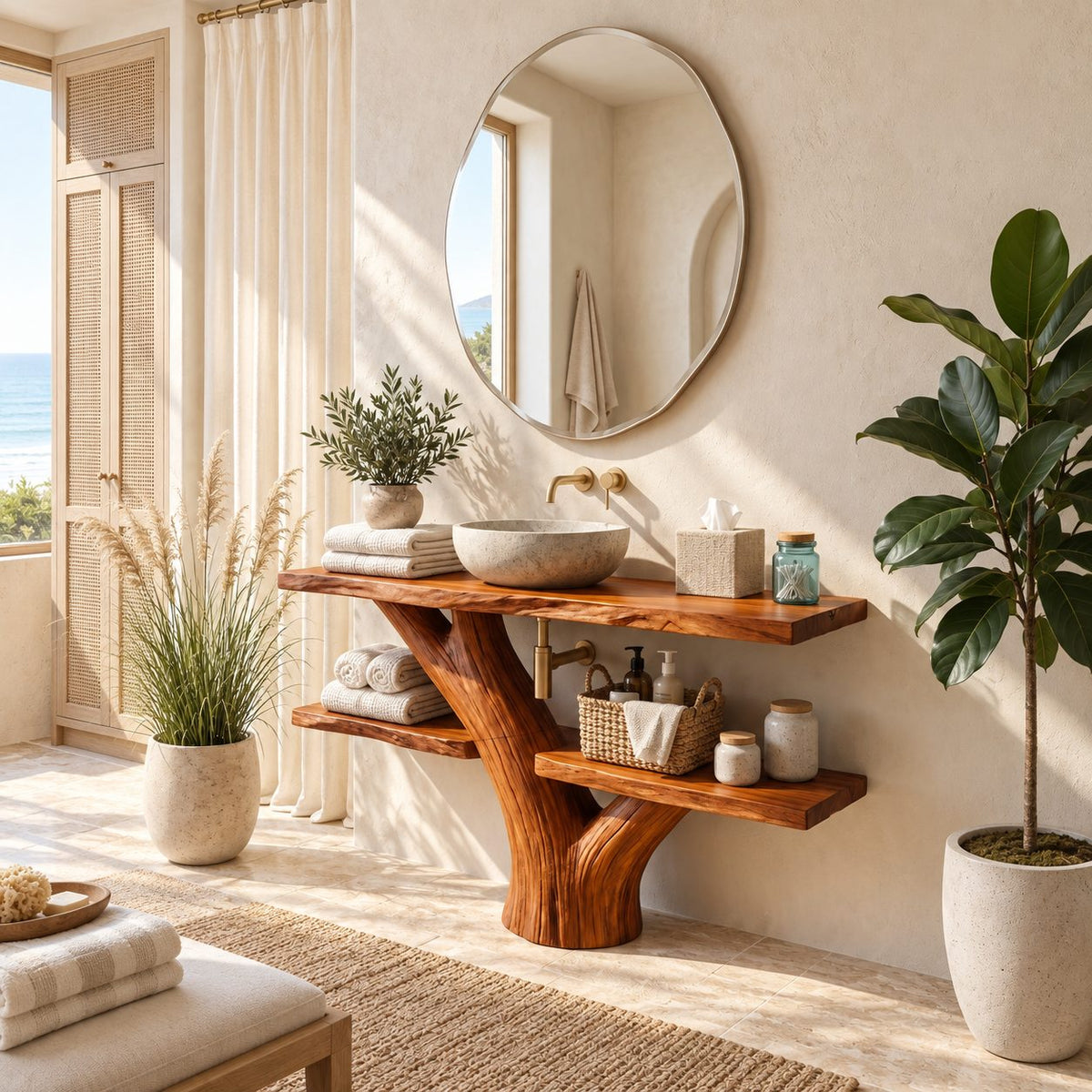 Two Shelf Tree Bathroom Vanity 30-70 Inch, Forked Trunk with Staggered Live Edge Shelves Under the Top