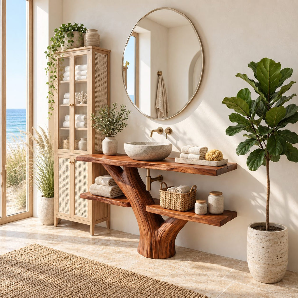 Two Shelf Tree Bathroom Vanity 30-70 Inch, Forked Trunk with Staggered Live Edge Shelves Under the Top