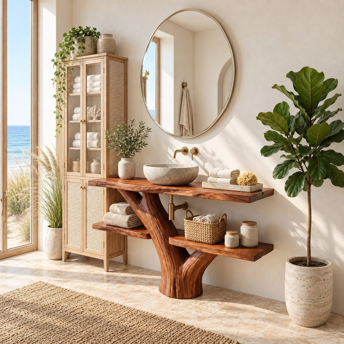 Two Shelf Tree Bathroom Vanity 30-70 Inch, Forked Trunk with Staggered Live Edge Shelves Under the Top