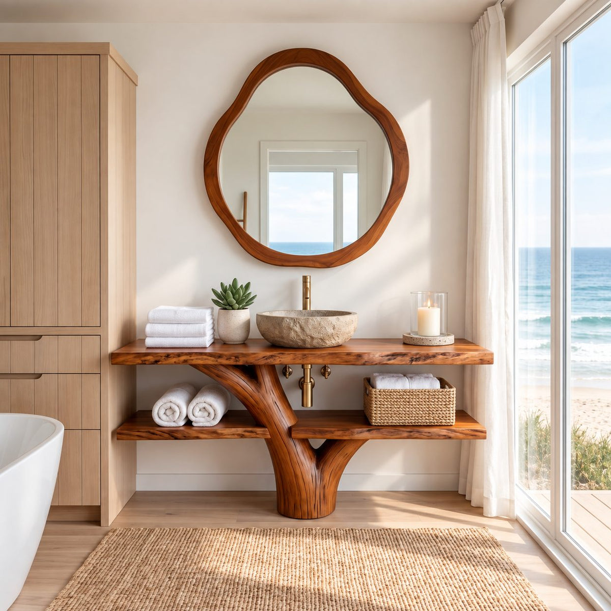 Two Shelf Tree Bathroom Vanity 30-70 Inch, Forked Trunk with Staggered Live Edge Shelves Under the Top
