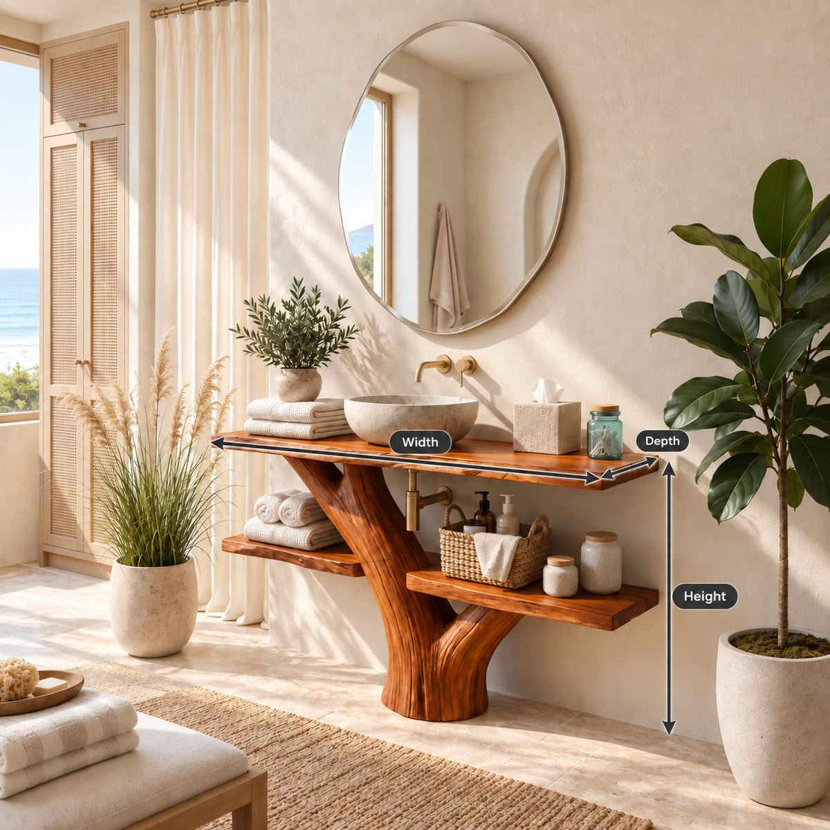 Two Shelf Tree Bathroom Vanity 30-70 Inch, Forked Trunk with Staggered Live Edge Shelves Under the Top