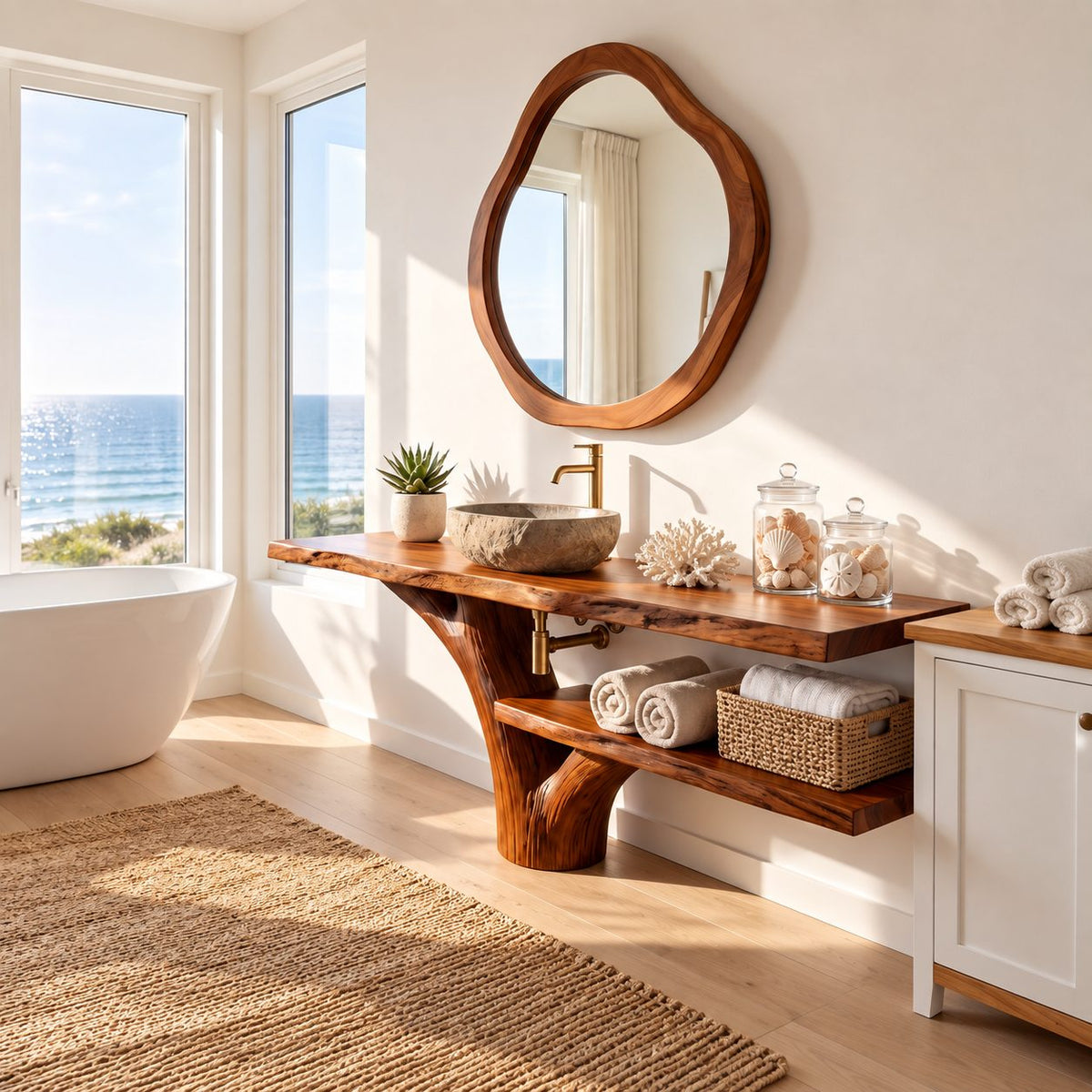 Sweeping Trunk Bathroom Vanity 30-70 Inch, Curved Tree Base with a Long Lower Shelf and Live Edge Top