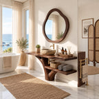 Sweeping Trunk Bathroom Vanity 30-70 Inch, Curved Tree Base with a Long Lower Shelf and Live Edge Top