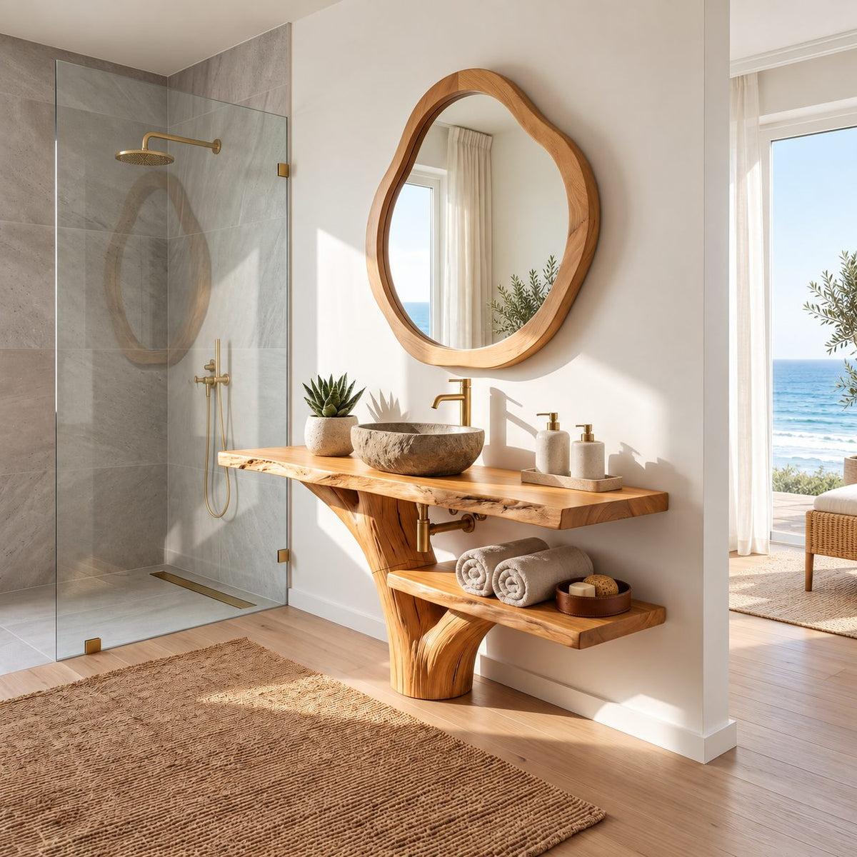 Sweeping Trunk Bathroom Vanity 30-70 Inch, Curved Tree Base with a Long Lower Shelf and Live Edge Top