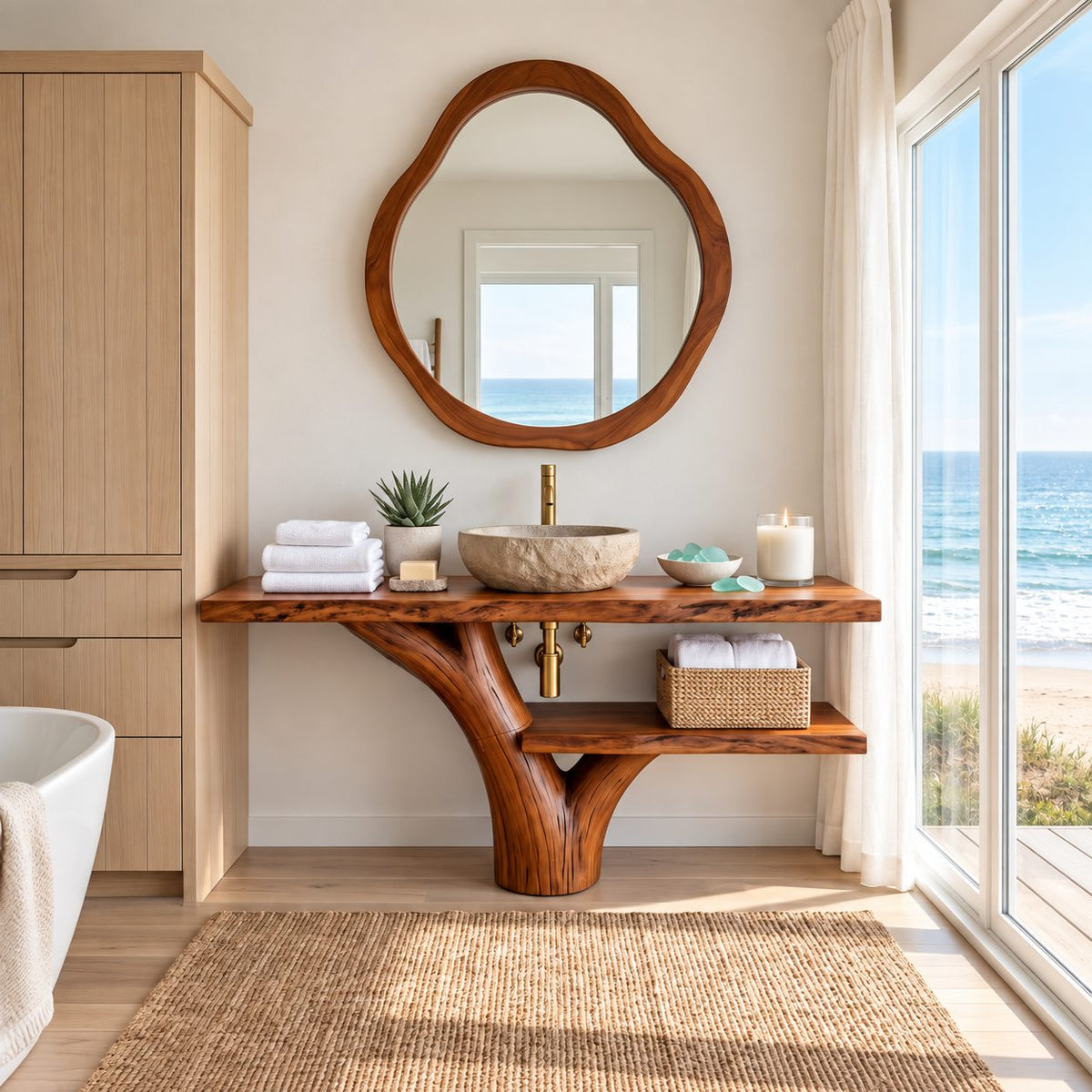 Sweeping Trunk Bathroom Vanity 30-70 Inch, Curved Tree Base with a Long Lower Shelf and Live Edge Top