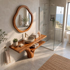 Sweeping Trunk Bathroom Vanity 30-70 Inch, Curved Tree Base with a Long Lower Shelf and Live Edge Top