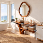 Sweeping Trunk Bathroom Vanity 30-70 Inch, Curved Tree Base with a Long Lower Shelf and Live Edge Top