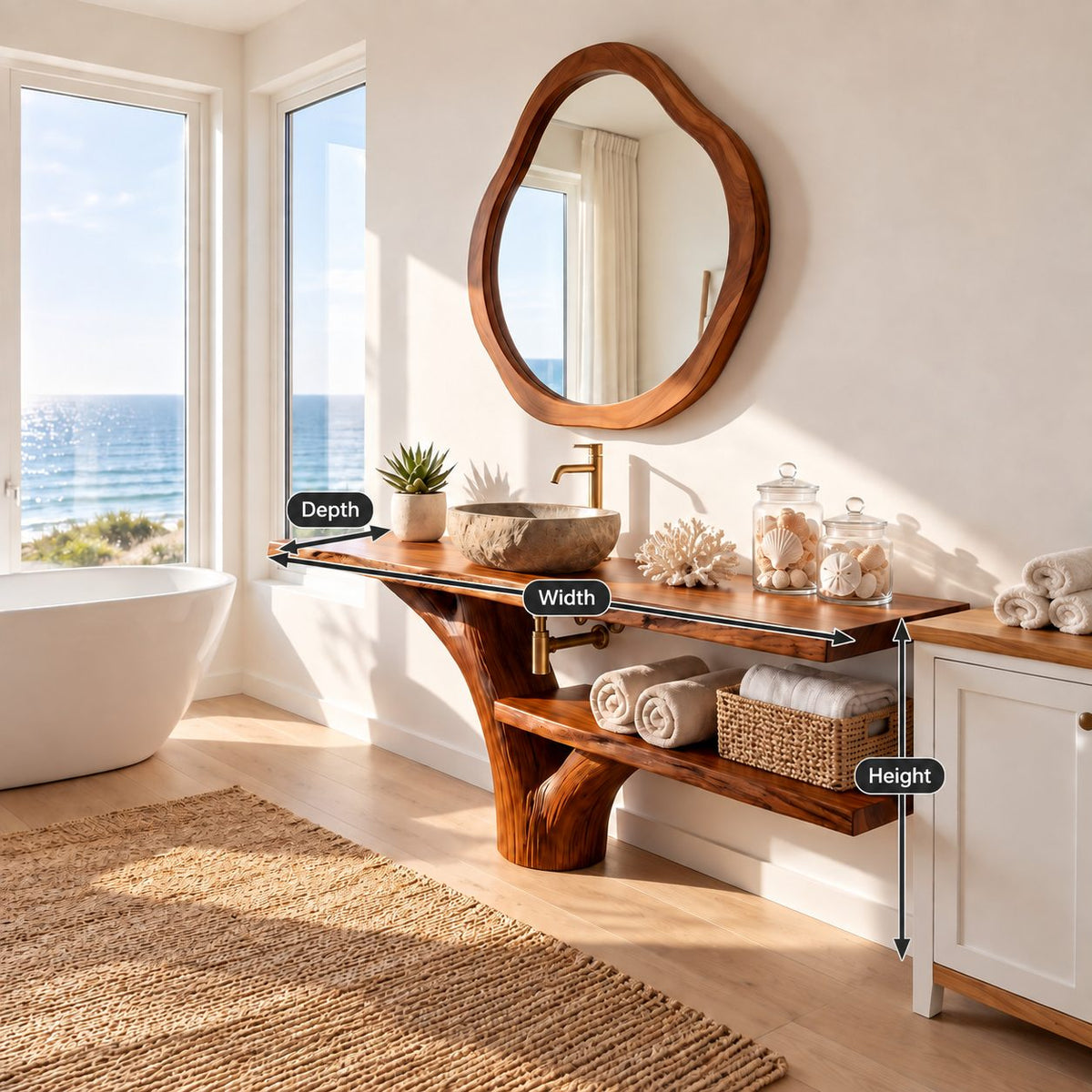 Sweeping Trunk Bathroom Vanity 30-70 Inch, Curved Tree Base with a Long Lower Shelf and Live Edge Top