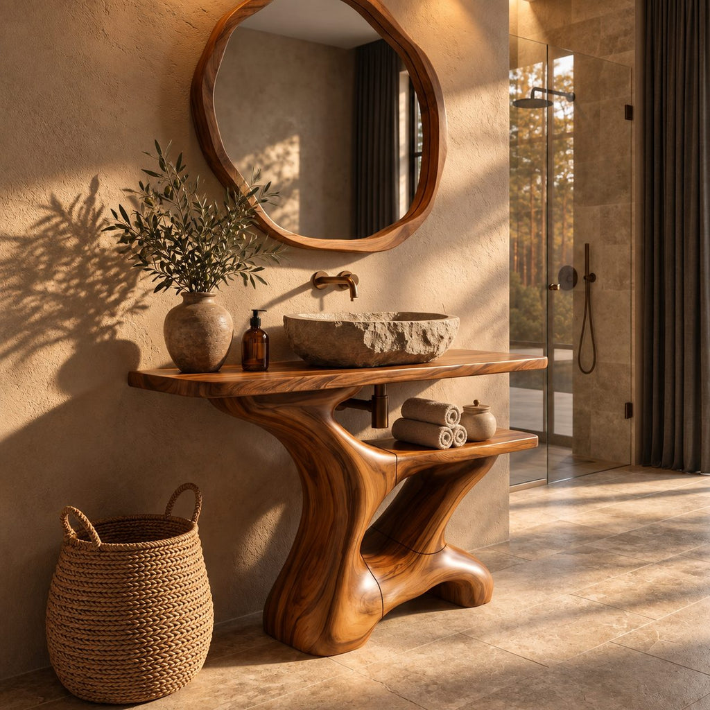 Flowing Sculpted Bathroom Vanity 30-70 Inch, Smooth Curved Wood Base with Towel Shelf and Wide Top