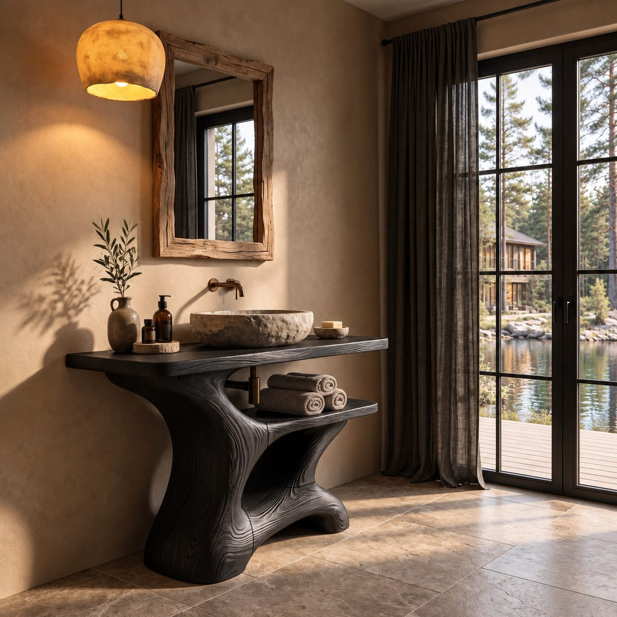 Flowing Sculpted Bathroom Vanity 30-70 Inch, Smooth Curved Wood Base with Towel Shelf and Wide Top