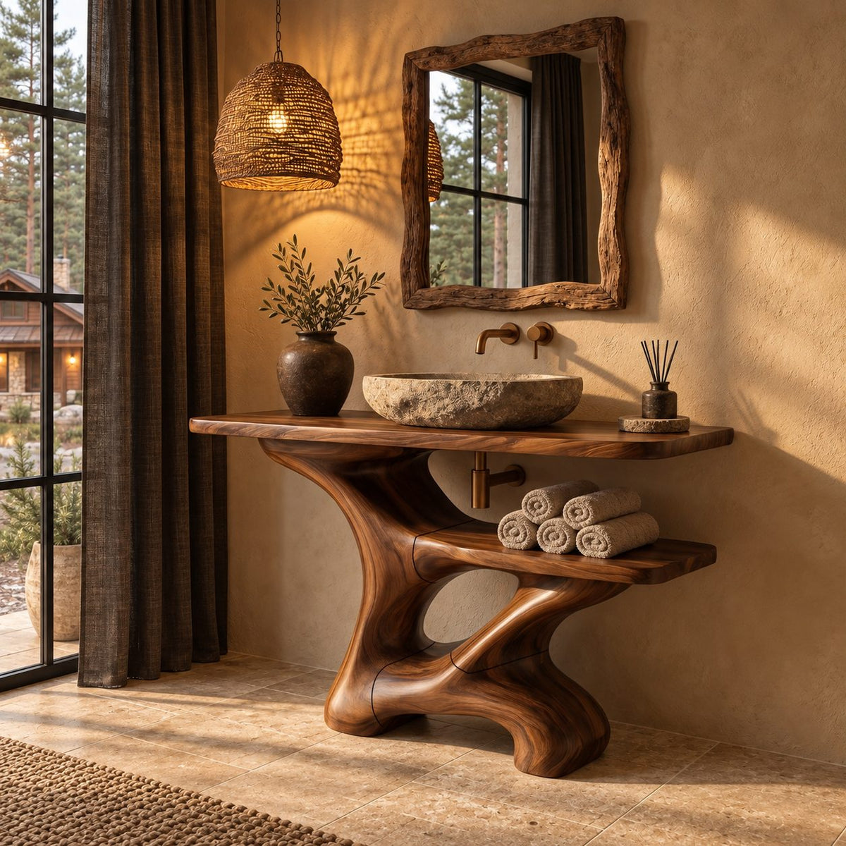 Flowing Sculpted Bathroom Vanity 30-70 Inch, Smooth Curved Wood Base with Towel Shelf and Wide Top