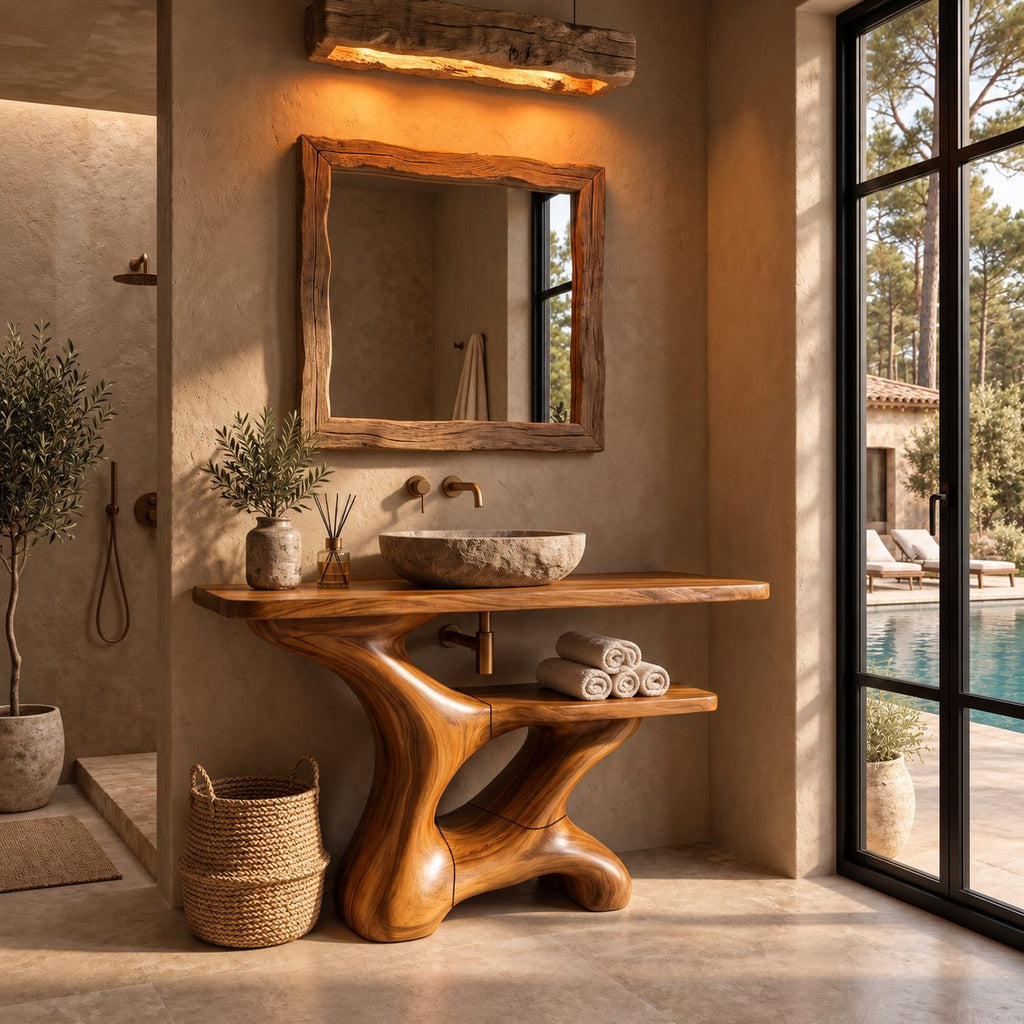 Flowing Sculpted Bathroom Vanity 30-70 Inch, Smooth Curved Wood Base with Towel Shelf and Wide Top