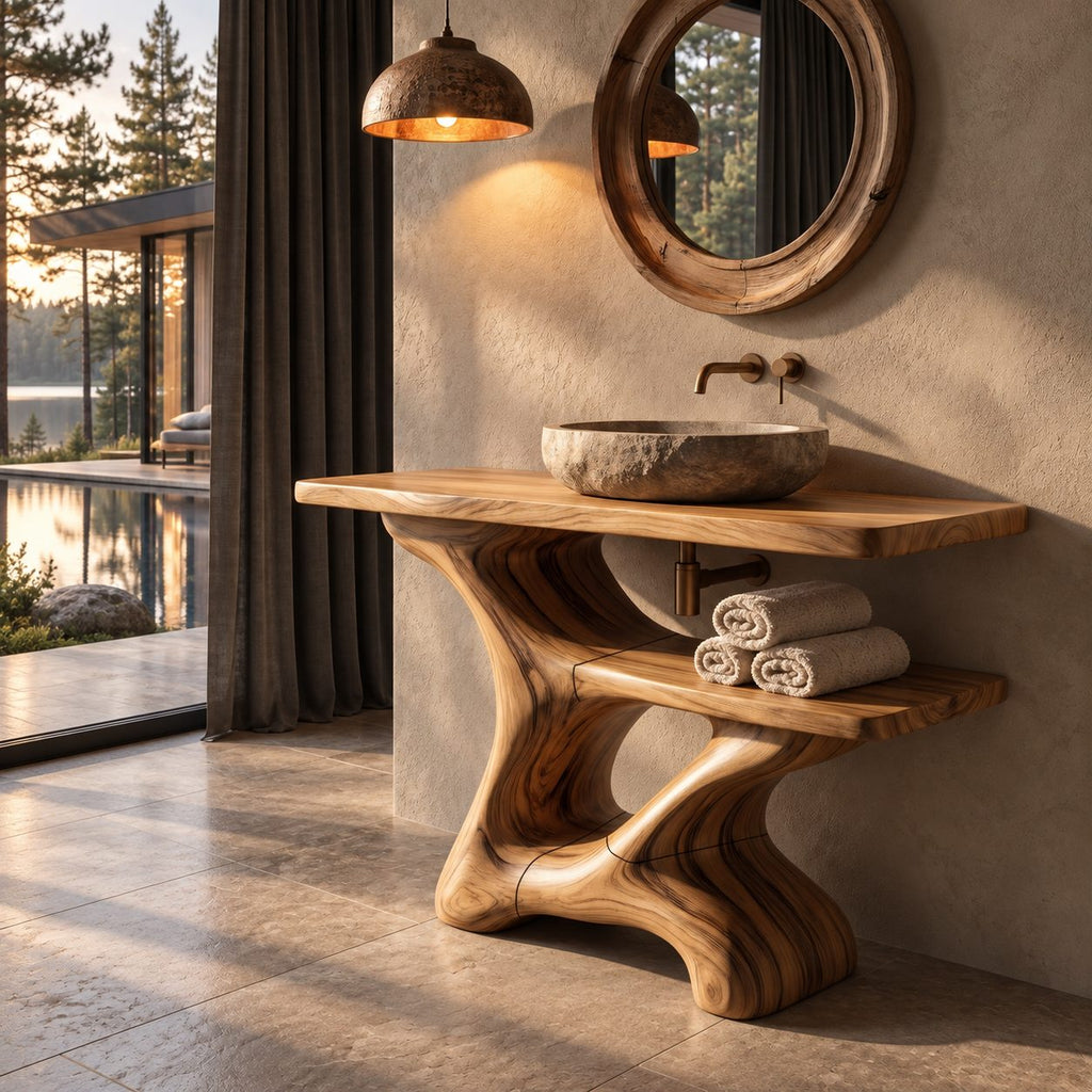 Flowing Sculpted Bathroom Vanity 30-70 Inch, Smooth Curved Wood Base with Towel Shelf and Wide Top