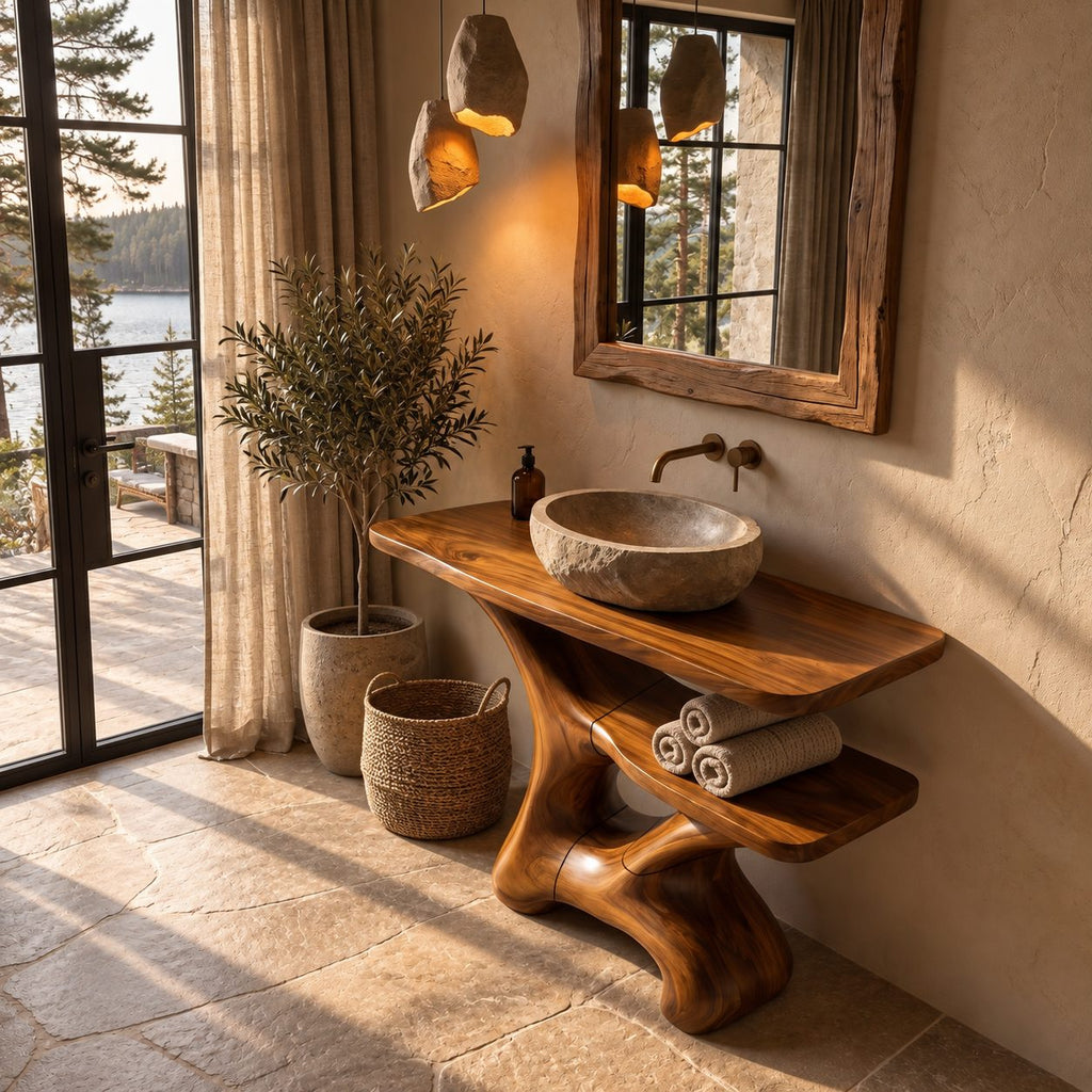 Flowing Sculpted Bathroom Vanity 30-70 Inch, Smooth Curved Wood Base with Towel Shelf and Wide Top