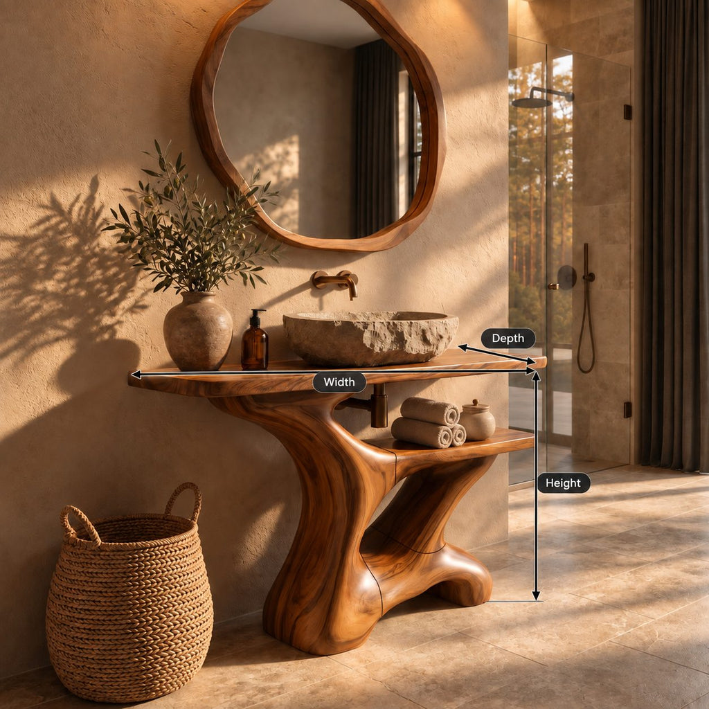 Flowing Sculpted Bathroom Vanity 30-70 Inch, Smooth Curved Wood Base with Towel Shelf and Wide Top