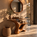 Flowing Sculpted Bathroom Vanity 30-70 Inch, Smooth Curved Wood Base with Towel Shelf and Wide Top