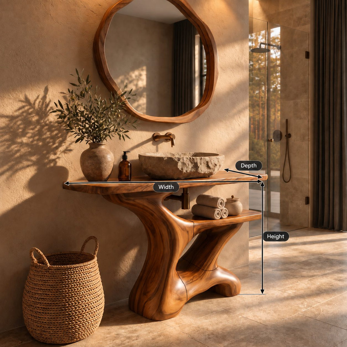 Flowing Sculpted Bathroom Vanity 30-70 Inch, Smooth Curved Wood Base with Towel Shelf and Wide Top