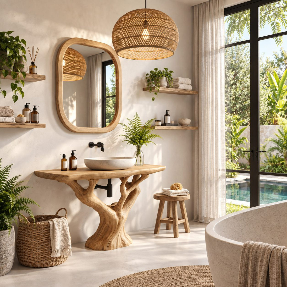 Rounded Top Tree Bathroom Vanity 40-70 Inch, Single Trunk Branching Into Many Arms on a Root Foot