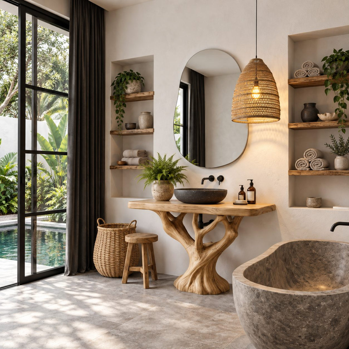 Rounded Top Tree Bathroom Vanity 40-70 Inch, Single Trunk Branching Into Many Arms on a Root Foot