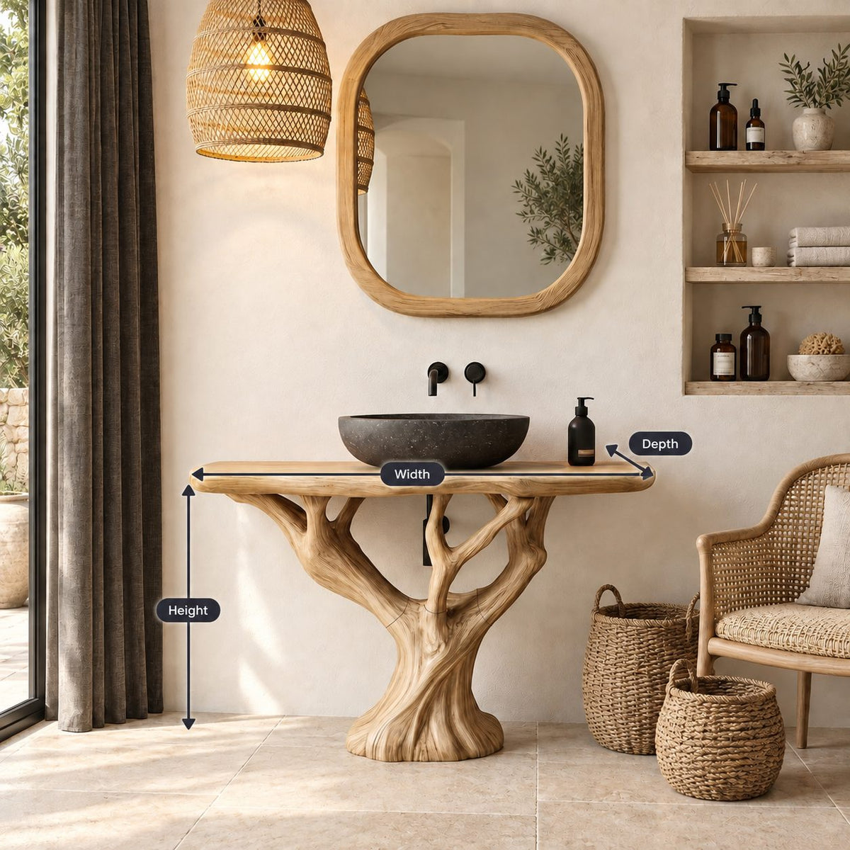 Rounded Top Tree Bathroom Vanity 40-70 Inch, Single Trunk Branching Into Many Arms on a Root Foot