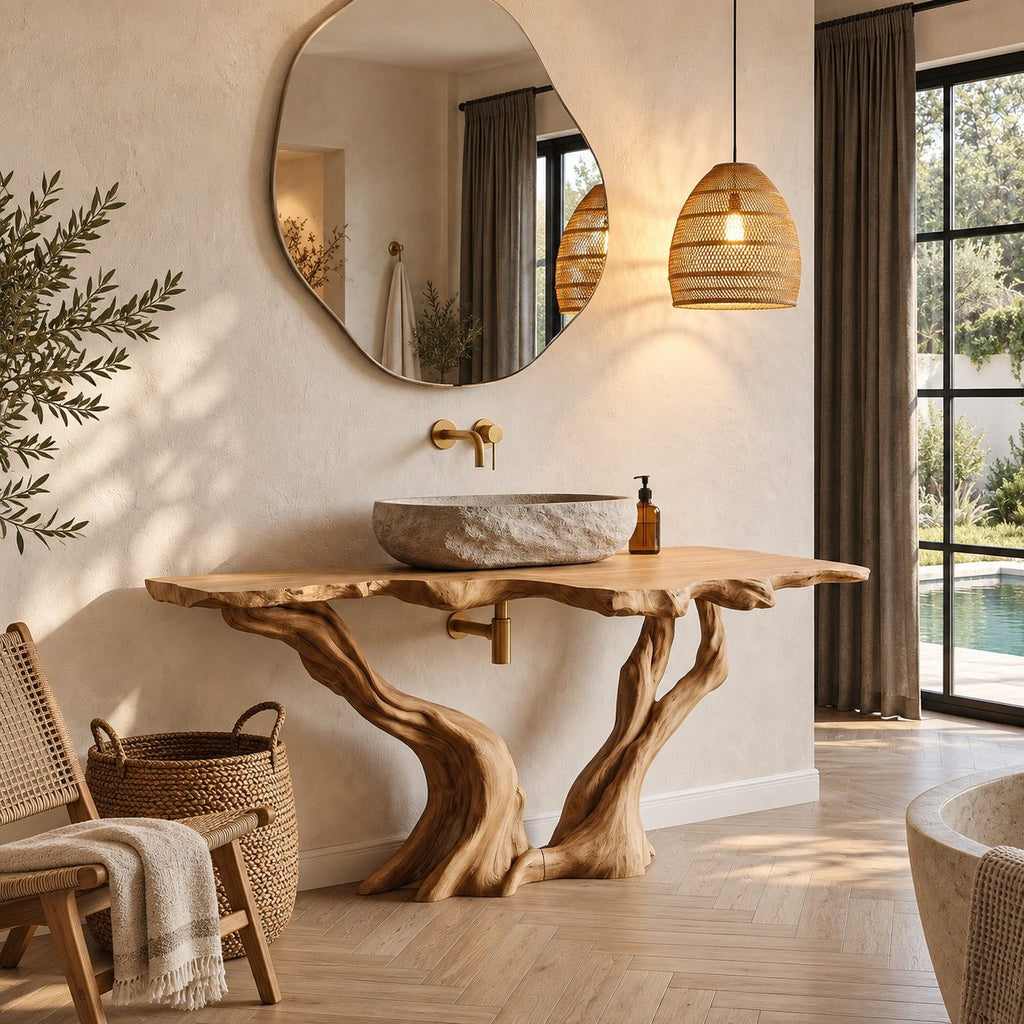 Twisted Twin Leg Bathroom Vanity 40-70 Inch, Gnarled Driftwood Legs Under a Craggy Live Edge Top
