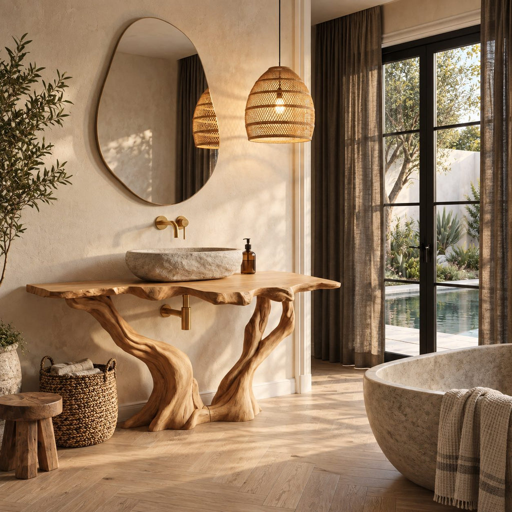 Twisted Twin Leg Bathroom Vanity 40-70 Inch, Gnarled Driftwood Legs Under a Craggy Live Edge Top