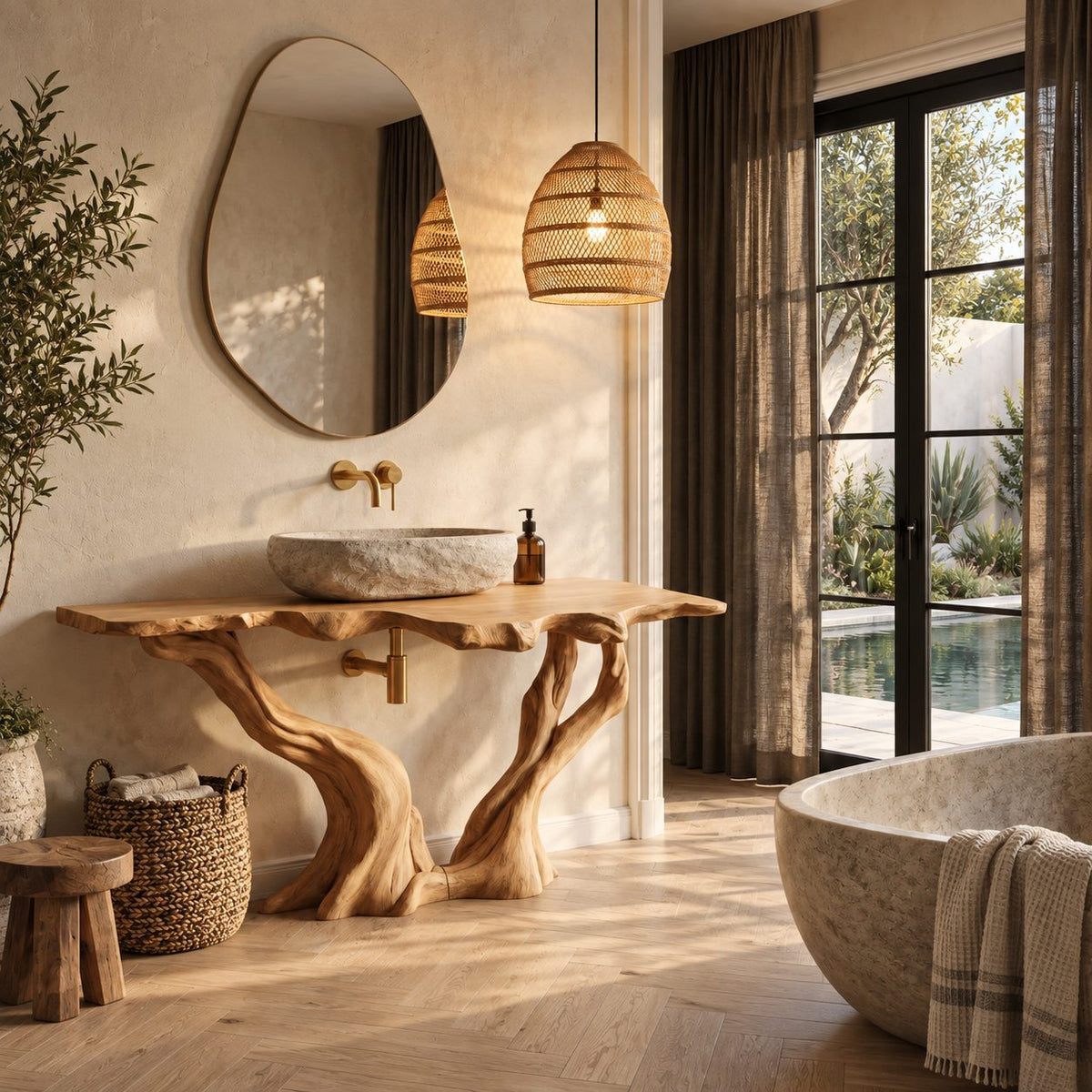 Twisted Twin Leg Bathroom Vanity 40-70 Inch, Gnarled Driftwood Legs Under a Craggy Live Edge Top