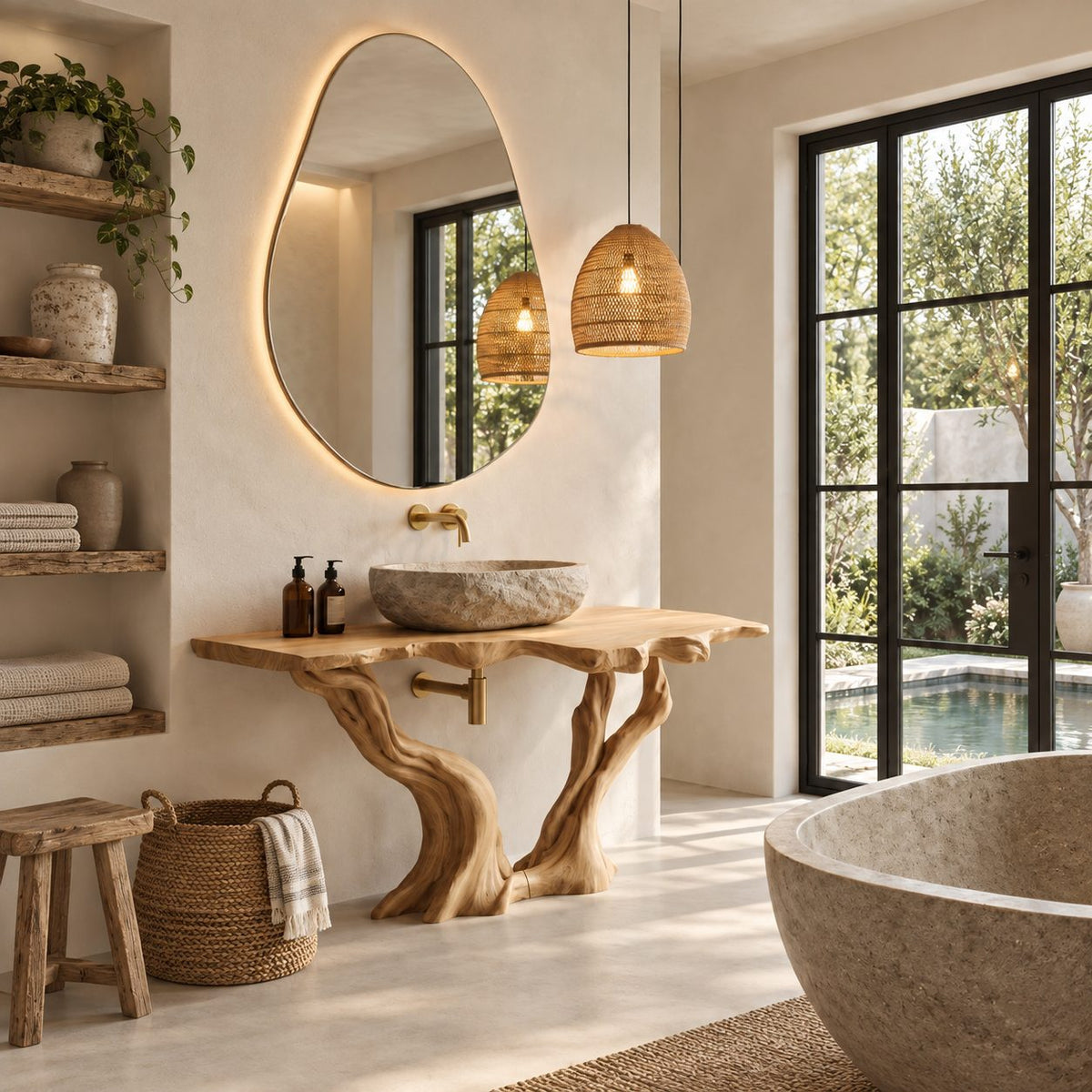 Twisted Twin Leg Bathroom Vanity 40-70 Inch, Gnarled Driftwood Legs Under a Craggy Live Edge Top