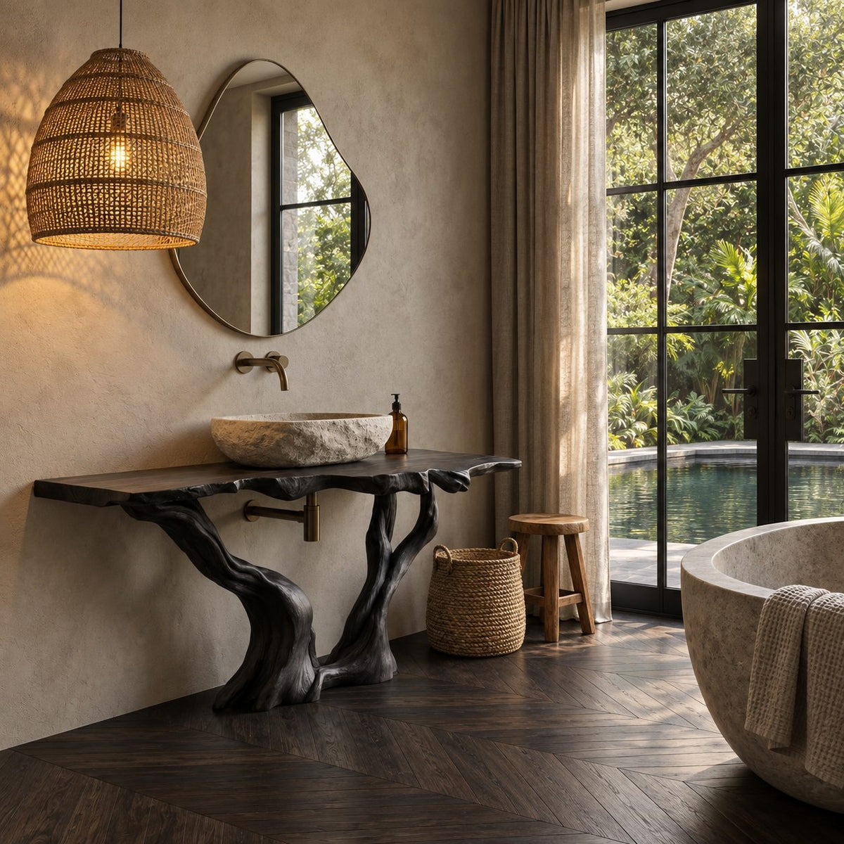 Twisted Twin Leg Bathroom Vanity 40-70 Inch, Gnarled Driftwood Legs Under a Craggy Live Edge Top