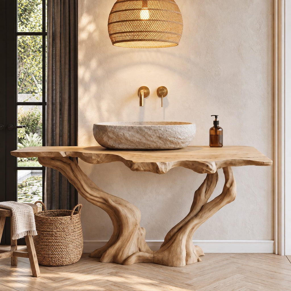Twisted Twin Leg Bathroom Vanity 40-70 Inch, Gnarled Driftwood Legs Under a Craggy Live Edge Top