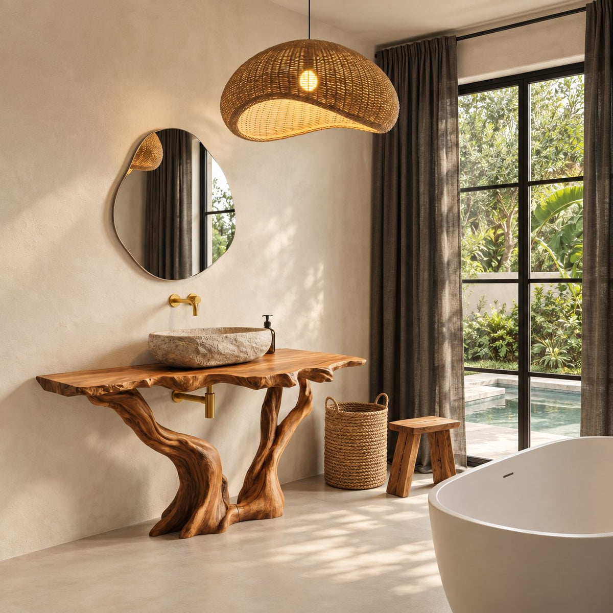 Twisted Twin Leg Bathroom Vanity 40-70 Inch, Gnarled Driftwood Legs Under a Craggy Live Edge Top
