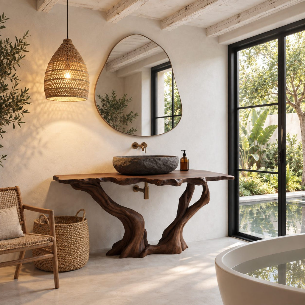 Twisted Twin Leg Bathroom Vanity 40-70 Inch, Gnarled Driftwood Legs Under a Craggy Live Edge Top