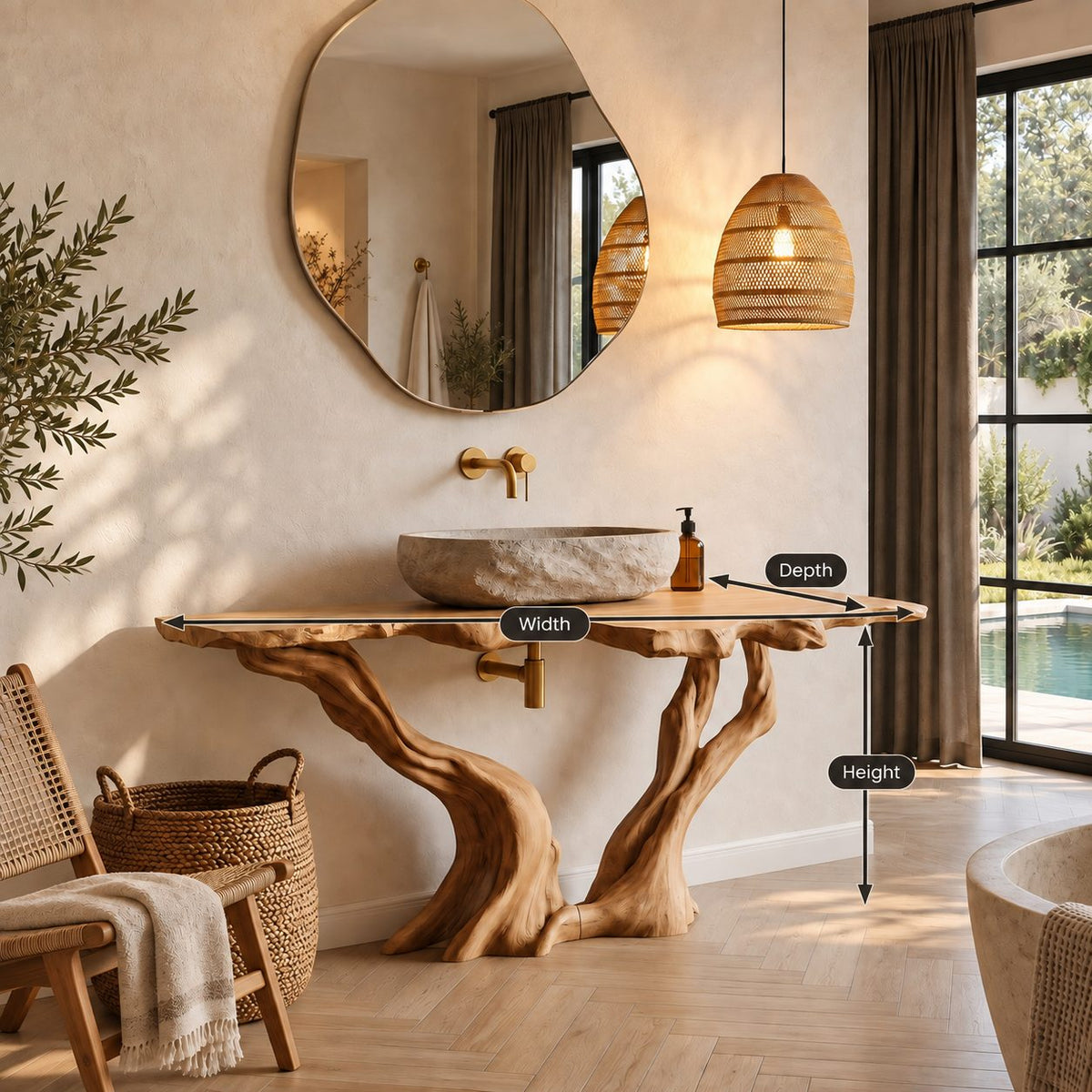 Twisted Twin Leg Bathroom Vanity 40-70 Inch, Gnarled Driftwood Legs Under a Craggy Live Edge Top