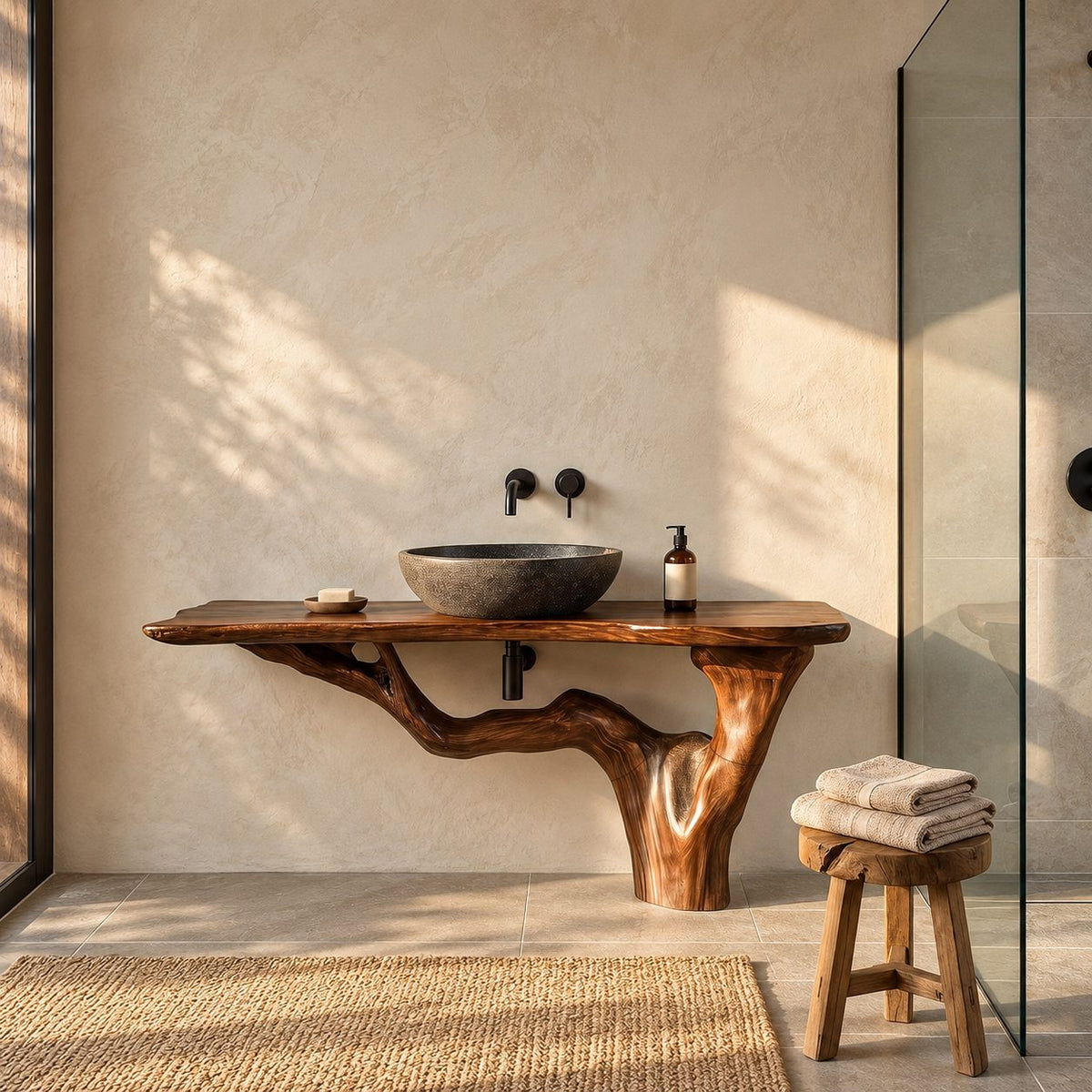 Wall Mounted Root Leg Bathroom Vanity 30-60 Inch, Live Edge Top on One Sweeping Tree Root Support