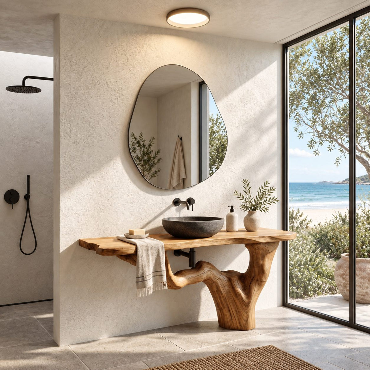 Wall Mounted Root Leg Bathroom Vanity 30-60 Inch, Live Edge Top on One Sweeping Tree Root Support