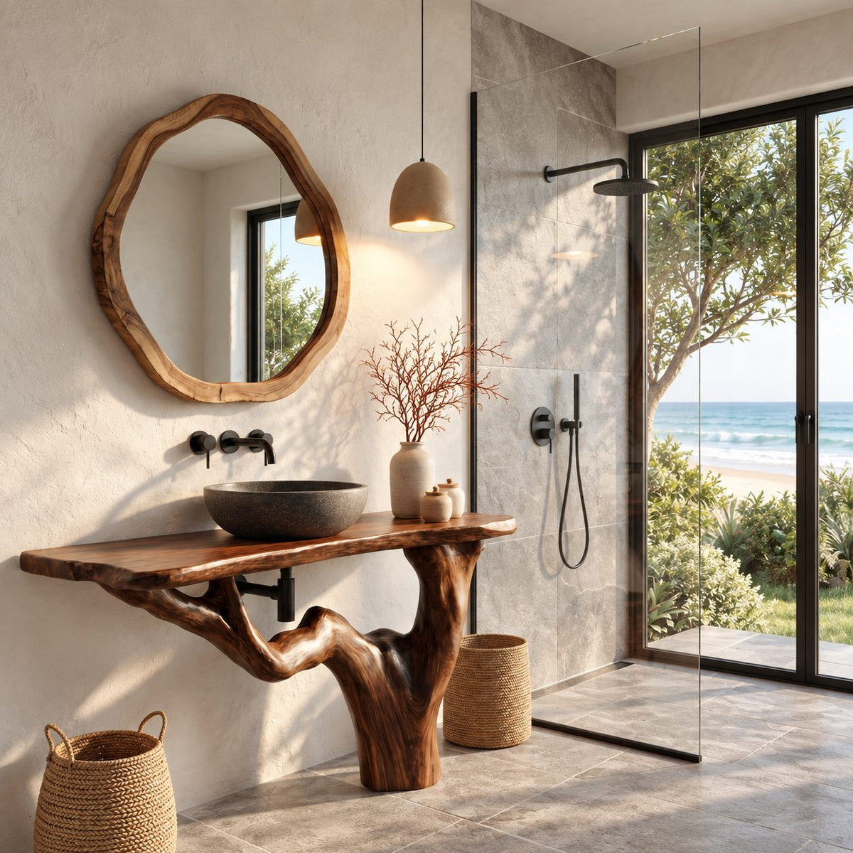 Wall Mounted Root Leg Bathroom Vanity 30-60 Inch, Live Edge Top on One Sweeping Tree Root Support