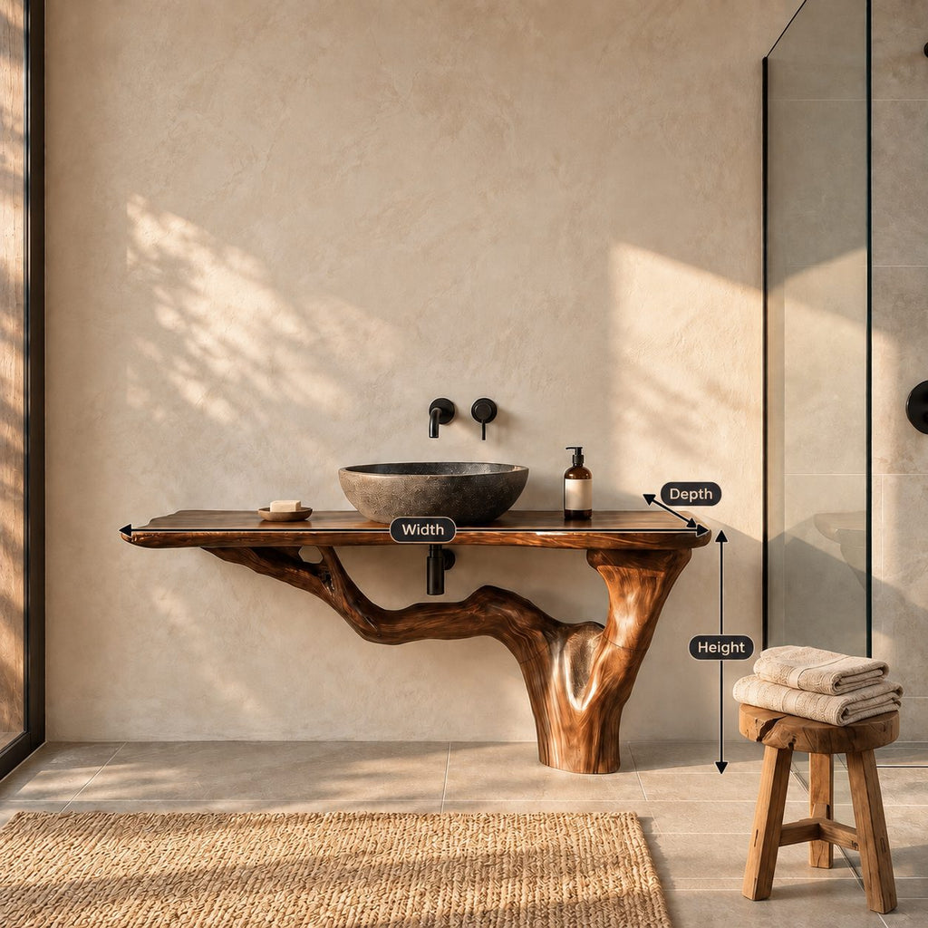 Wall Mounted Root Leg Bathroom Vanity 30-60 Inch, Live Edge Top on One Sweeping Tree Root Support