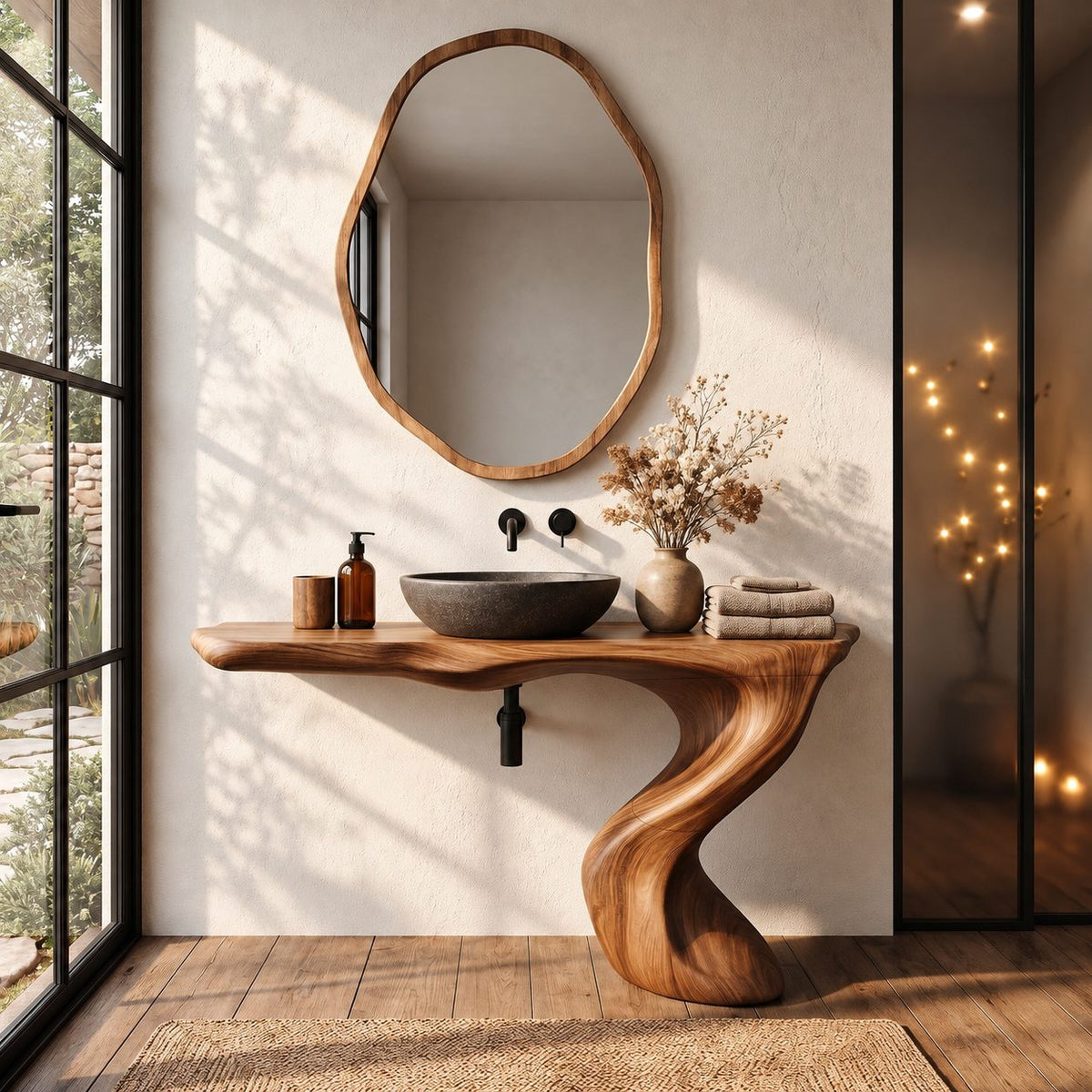 Wave Leg Bathroom Vanity 30-60 Inch, Wall Mounted Live Edge Top on One Smooth Sculpted S-Curve Leg