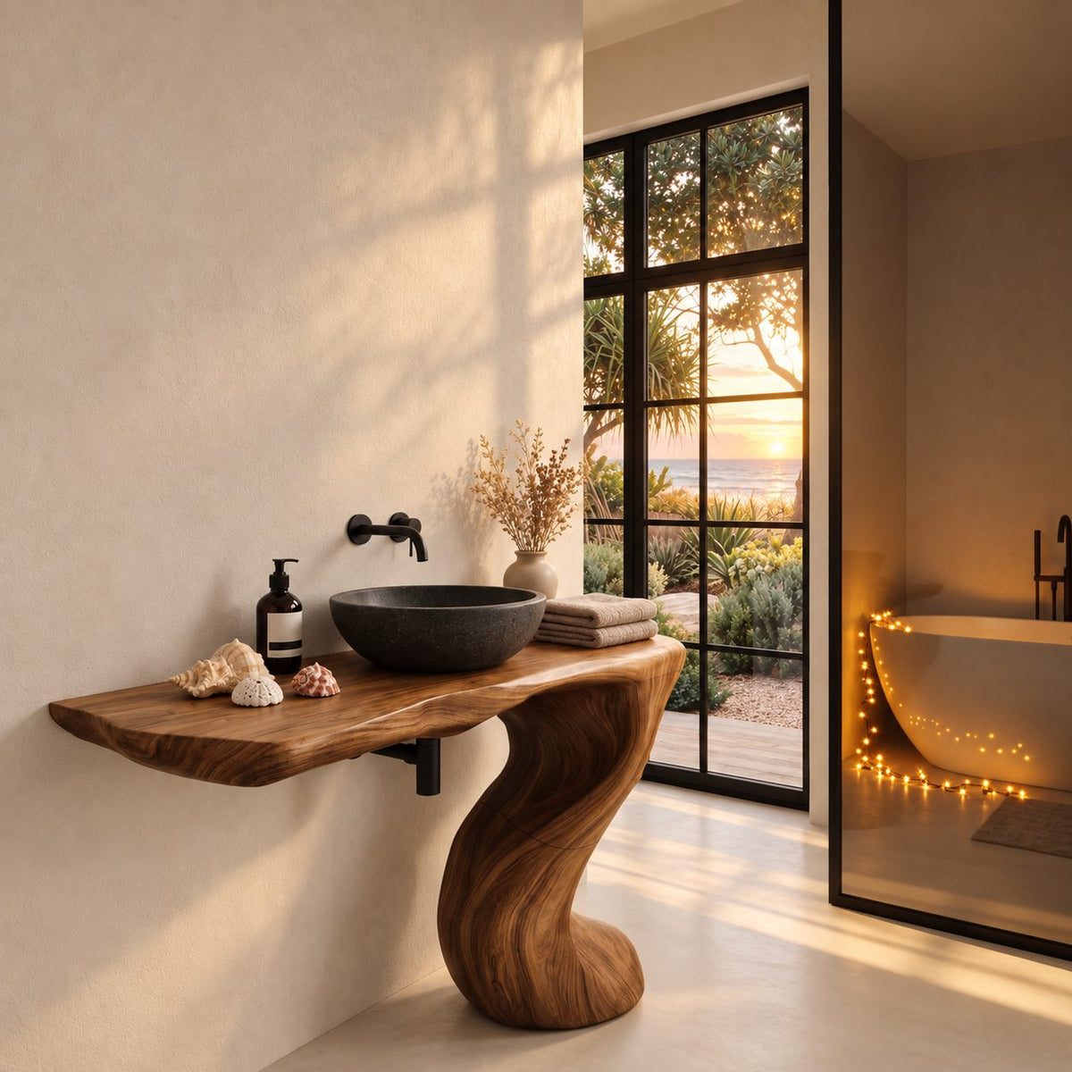 Wave Leg Bathroom Vanity 30-60 Inch, Wall Mounted Live Edge Top on One Smooth Sculpted S-Curve Leg