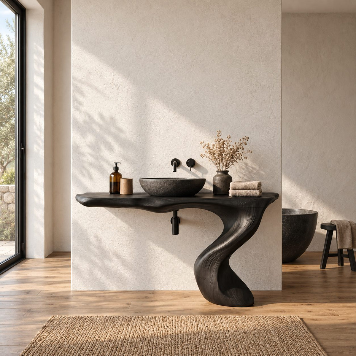 Wave Leg Bathroom Vanity 30-60 Inch, Wall Mounted Live Edge Top on One Smooth Sculpted S-Curve Leg